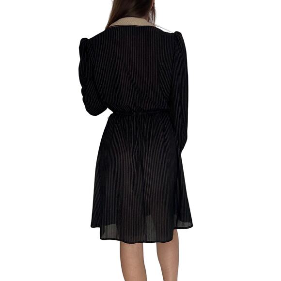 Vintage Luci Fellini 1980s Black Pin Stripe Dress Polka Dot Neck Tie Collar - Picture 6 of 13